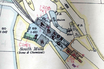 South Mills on a map of 1901 annotated in 1927